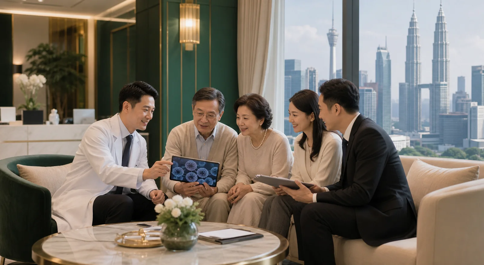Chinese patient family reviewing stem cell therapy in Malaysia with a doctor and patient liaison