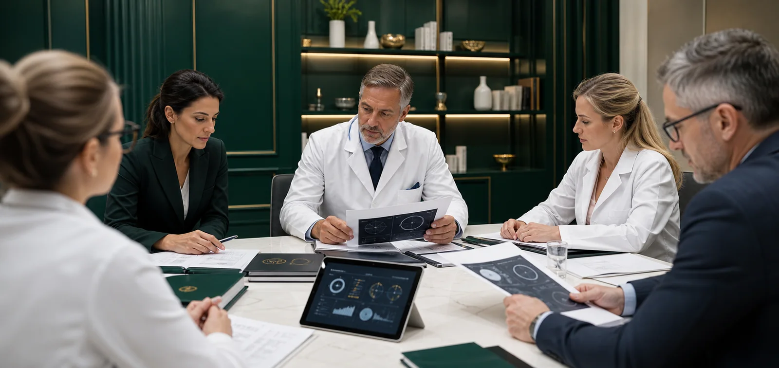 Doctor-led medical review team discussing regenerative medicine standards and patient reports