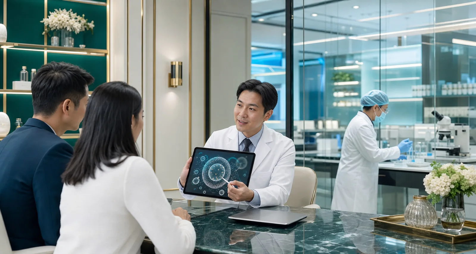Doctor explaining exosome therapy Malaysia with extracellular vesicle and laboratory review