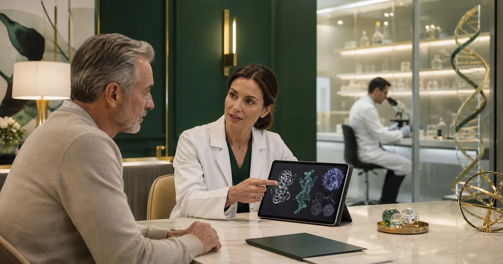 Klotho gene therapy longevity review with doctor explaining molecular ageing and regenerative medicine concepts