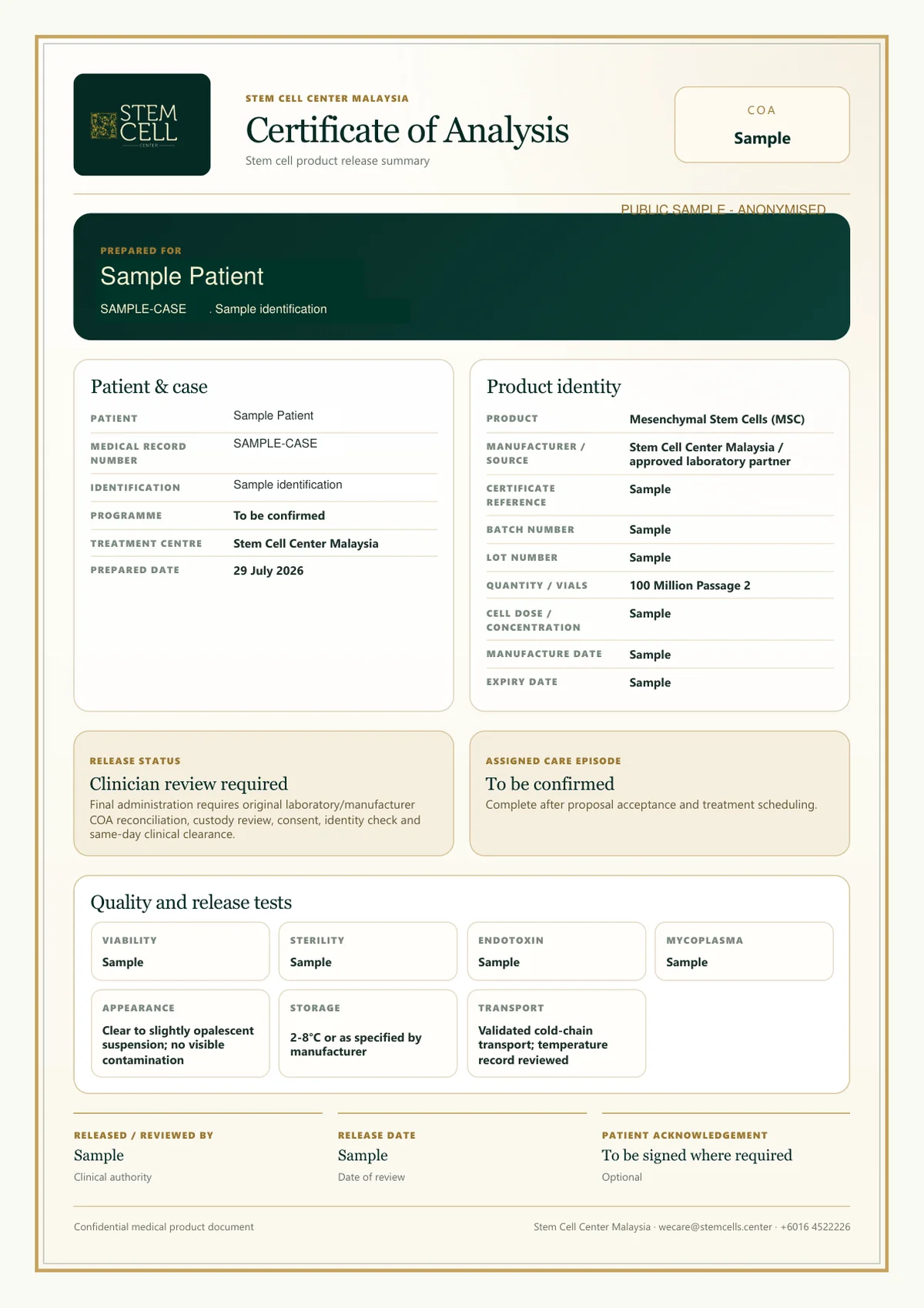 Anonymised sample Certificate of Analysis for mesenchymal stem cells at Stem Cells Center Malaysia