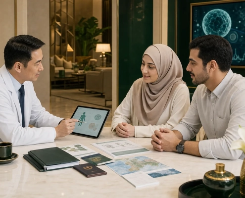 International patient couple discussing stem cell treatment planning with a doctor in Malaysia