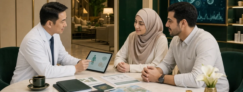 International patient couple discussing stem cell treatment planning with a doctor in Malaysia
