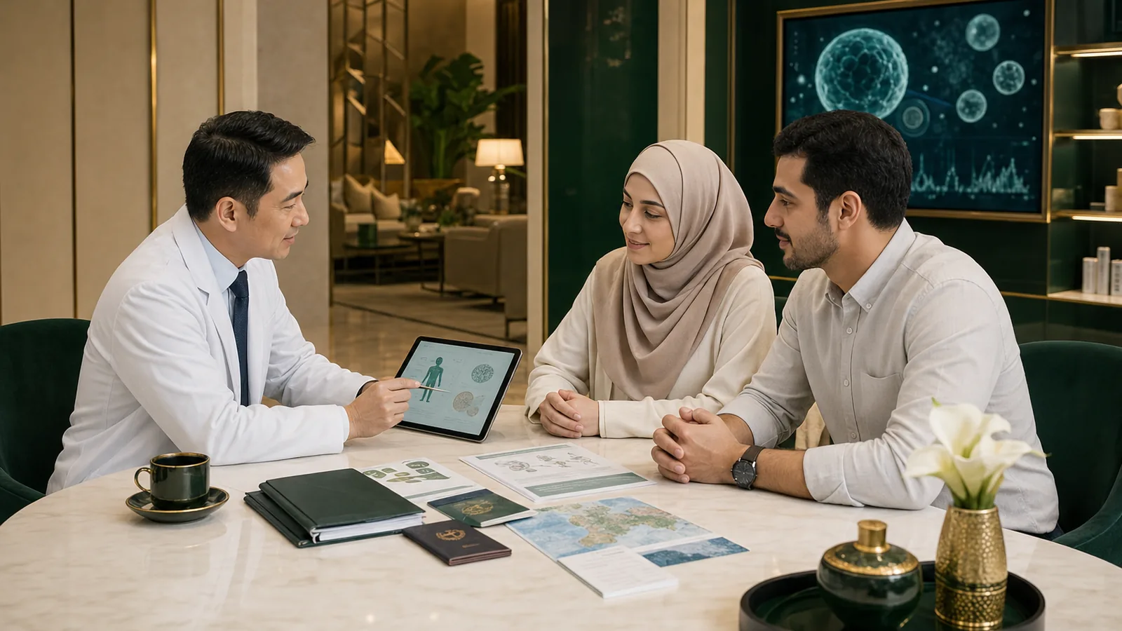 International patient couple discussing stem cell treatment planning with a doctor in Malaysia