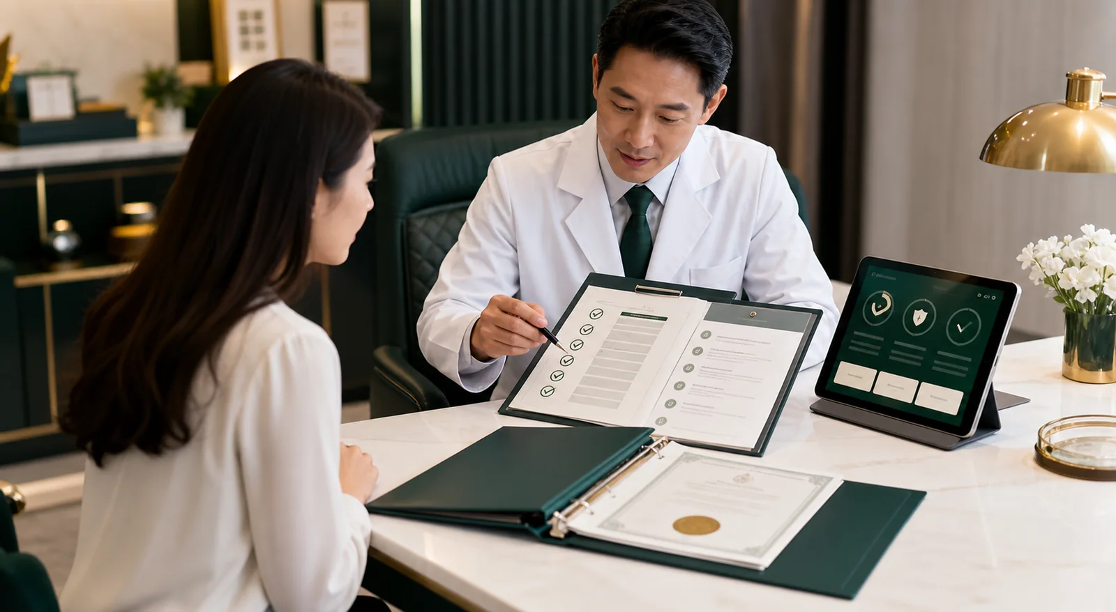 Doctor reviewing stem cell clinic safety checklist and quality documents with a patient in Malaysia