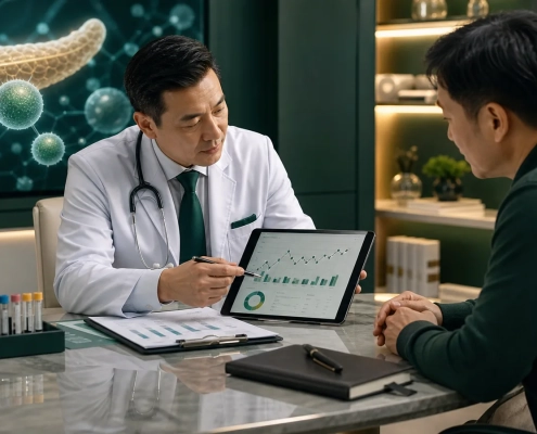 Doctor reviewing diabetes and metabolic health data before stem cell therapy in Malaysia