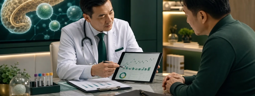 Doctor reviewing diabetes and metabolic health data before stem cell therapy in Malaysia