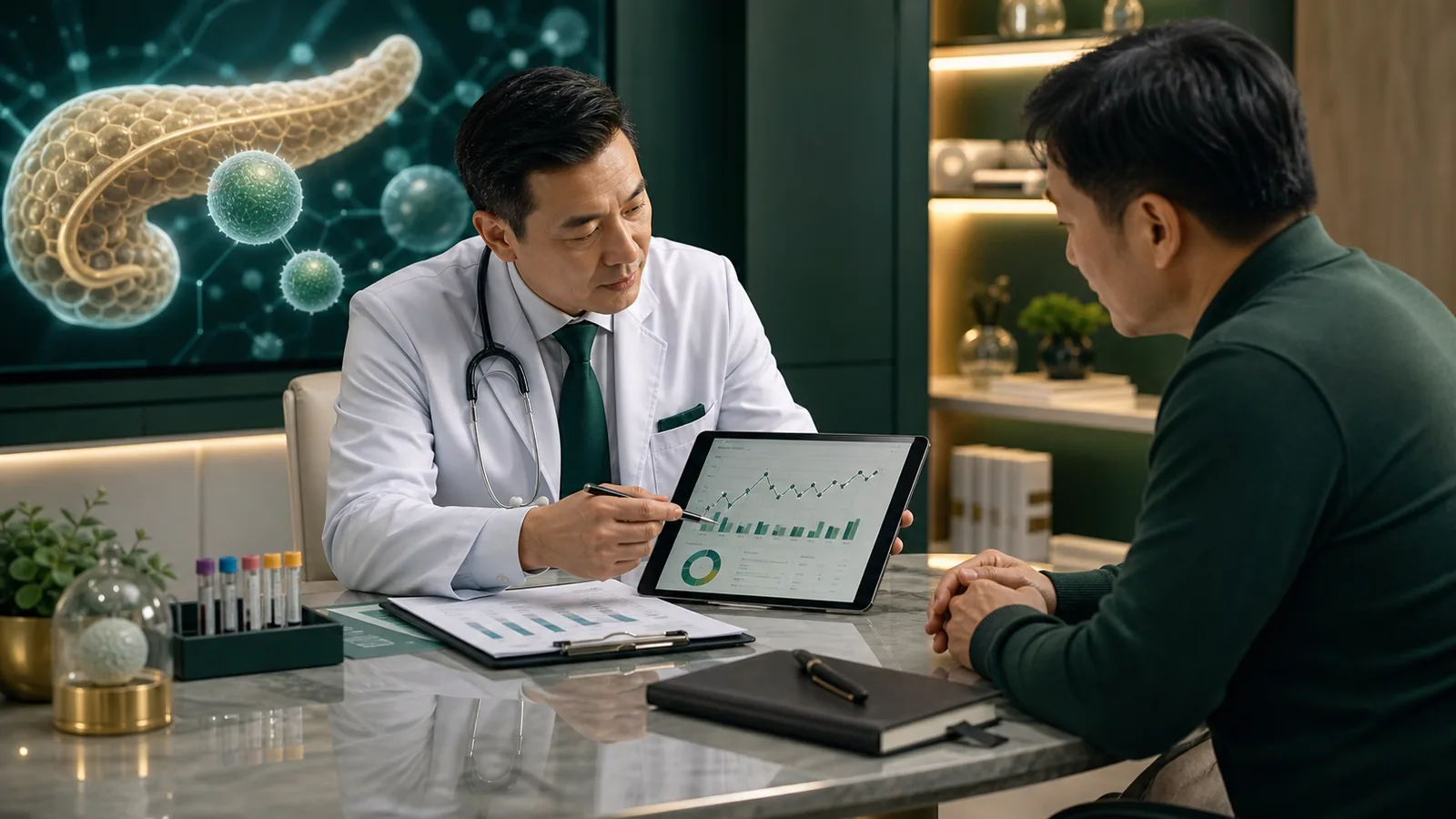 Doctor reviewing diabetes and metabolic health data before stem cell therapy in Malaysia