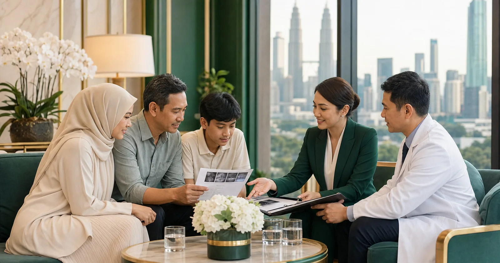 Indonesian family reviewing stem cell therapy Malaysia pathway with doctor and patient liaison