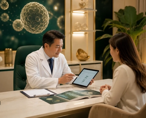 Doctor reviewing stem cell therapy cost and safety factors with a patient in Malaysia