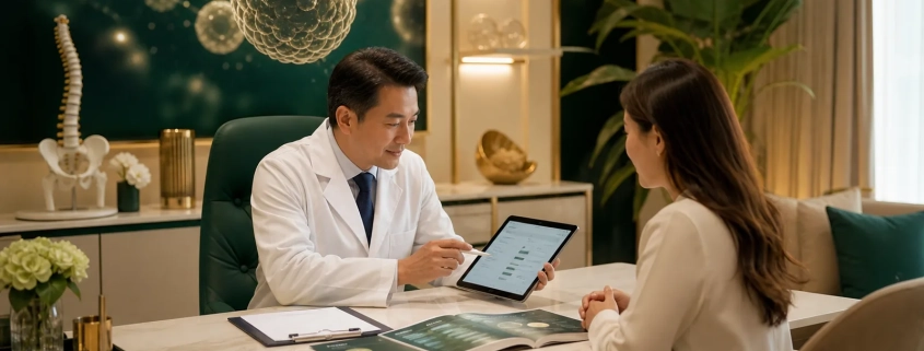 Doctor reviewing stem cell therapy cost and safety factors with a patient in Malaysia
