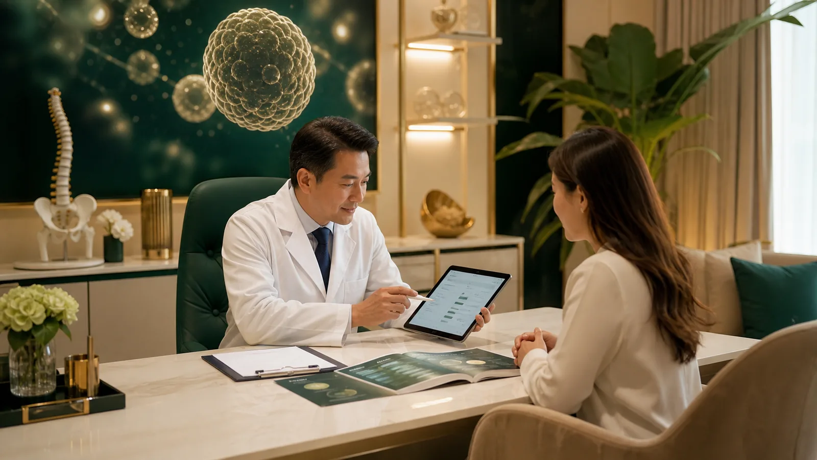 Doctor reviewing stem cell therapy cost and safety factors with a patient in Malaysia