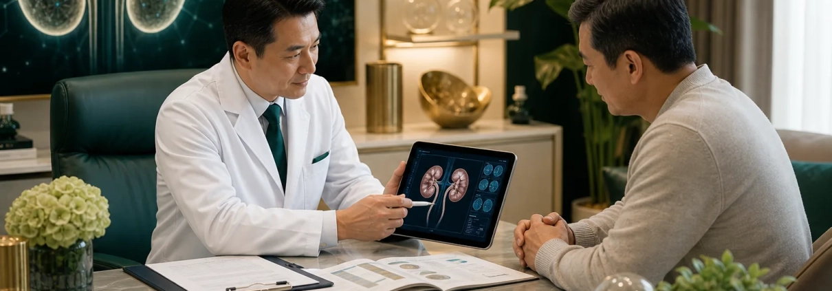 Doctor reviewing kidney function reports before stem cell therapy discussion in Malaysia