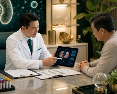 Doctor reviewing kidney function reports before stem cell therapy discussion in Malaysia