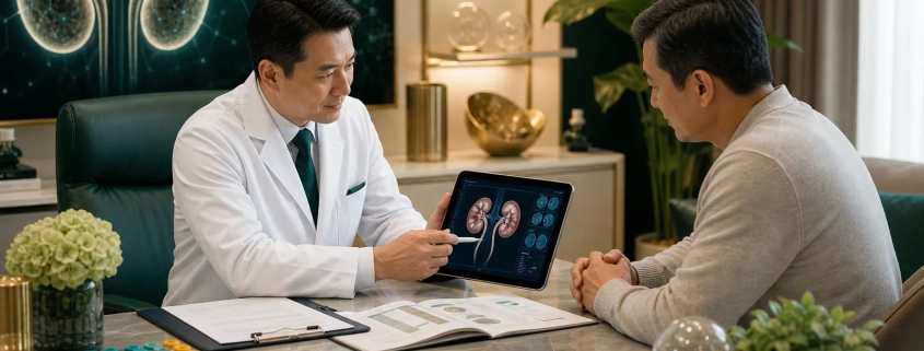 Doctor reviewing kidney function reports before stem cell therapy discussion in Malaysia