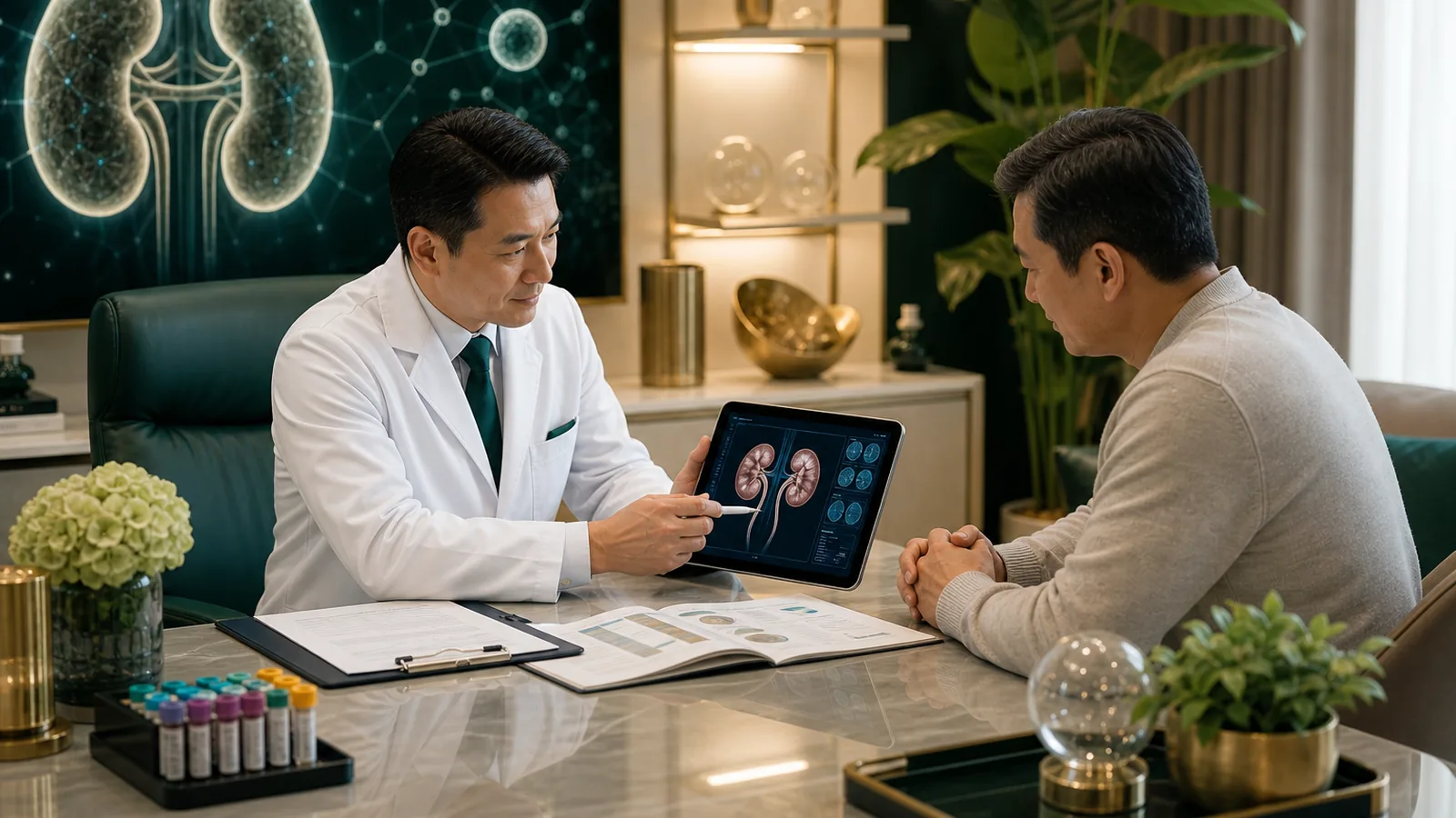 Doctor reviewing kidney function reports before stem cell therapy discussion in Malaysia