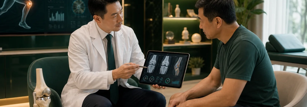 Clinician reviewing knee joint imaging for osteoarthritis stem cell therapy suitability