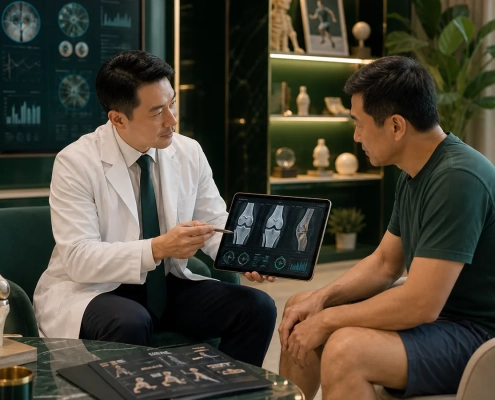 Clinician reviewing knee joint imaging for osteoarthritis stem cell therapy suitability