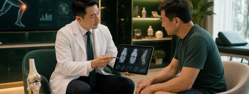 Clinician reviewing knee joint imaging for osteoarthritis stem cell therapy suitability