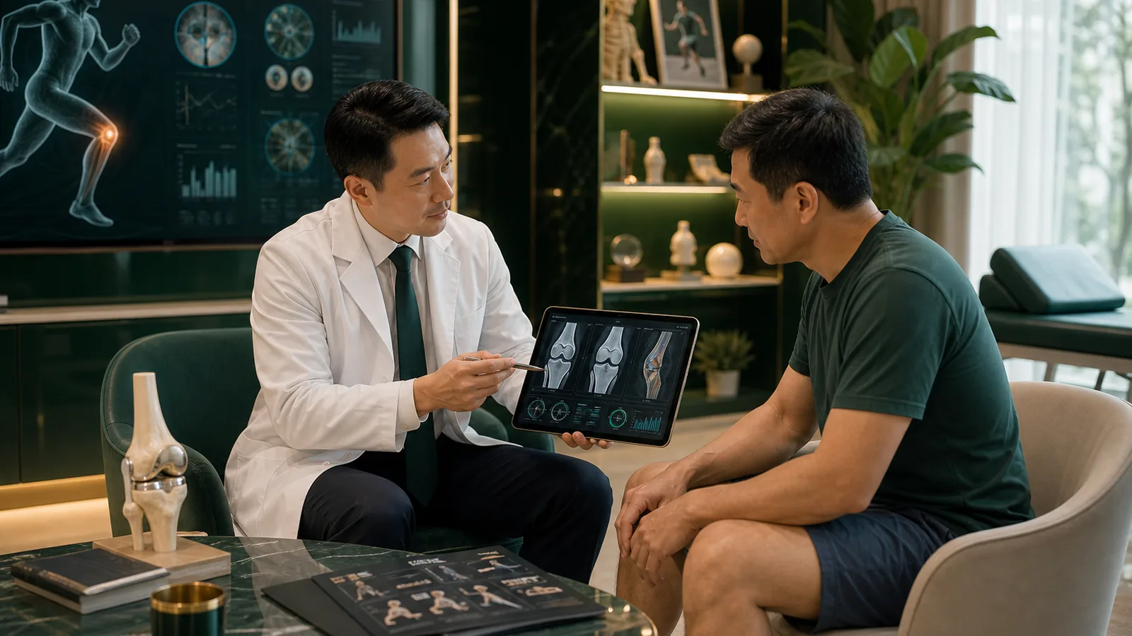 Clinician reviewing knee joint imaging for osteoarthritis stem cell therapy suitability