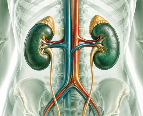 Clinical illustration of kidneys and renal blood vessels
