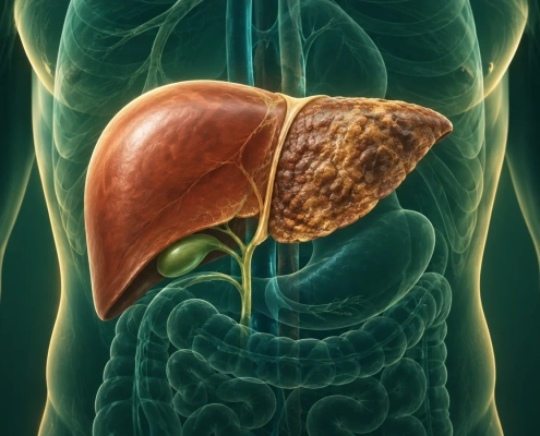 Clinical illustration of liver health and fibrotic tissue